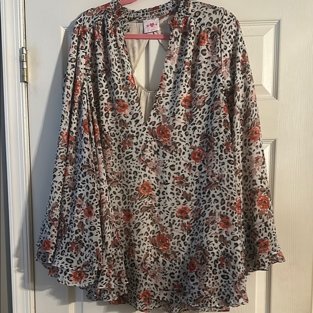 Buddy love Floral Leopard Print dress- oversized bell sleeve